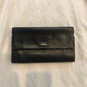 Fossil Ellis Leather Wallet long black foldable billfold snap zipper 2010s